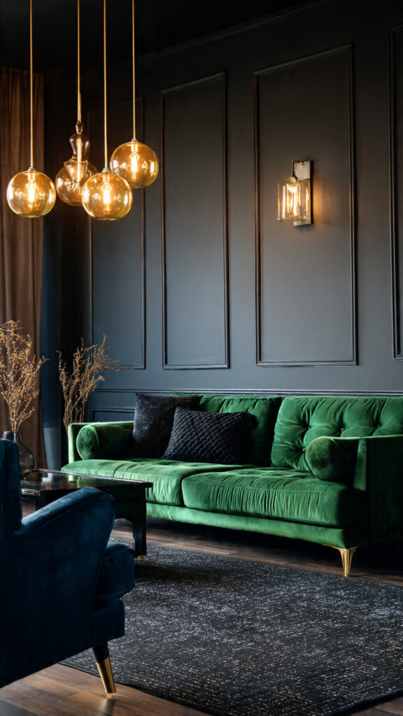 Deep Charcoal Walls with Velvet Furnishings
