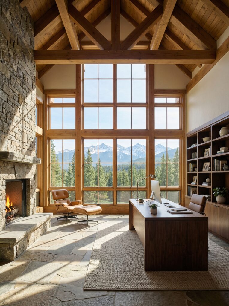 High Ceiling Office with Cathedral Windows