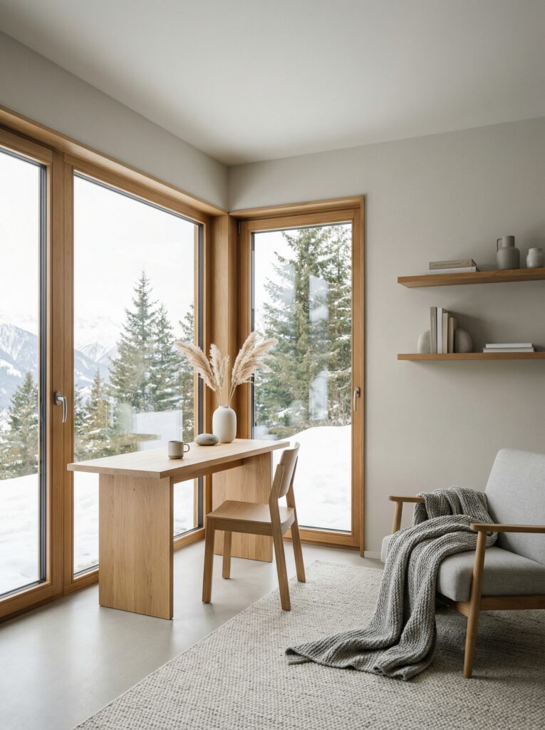 Minimalist Mountain Workspace with Light Woods