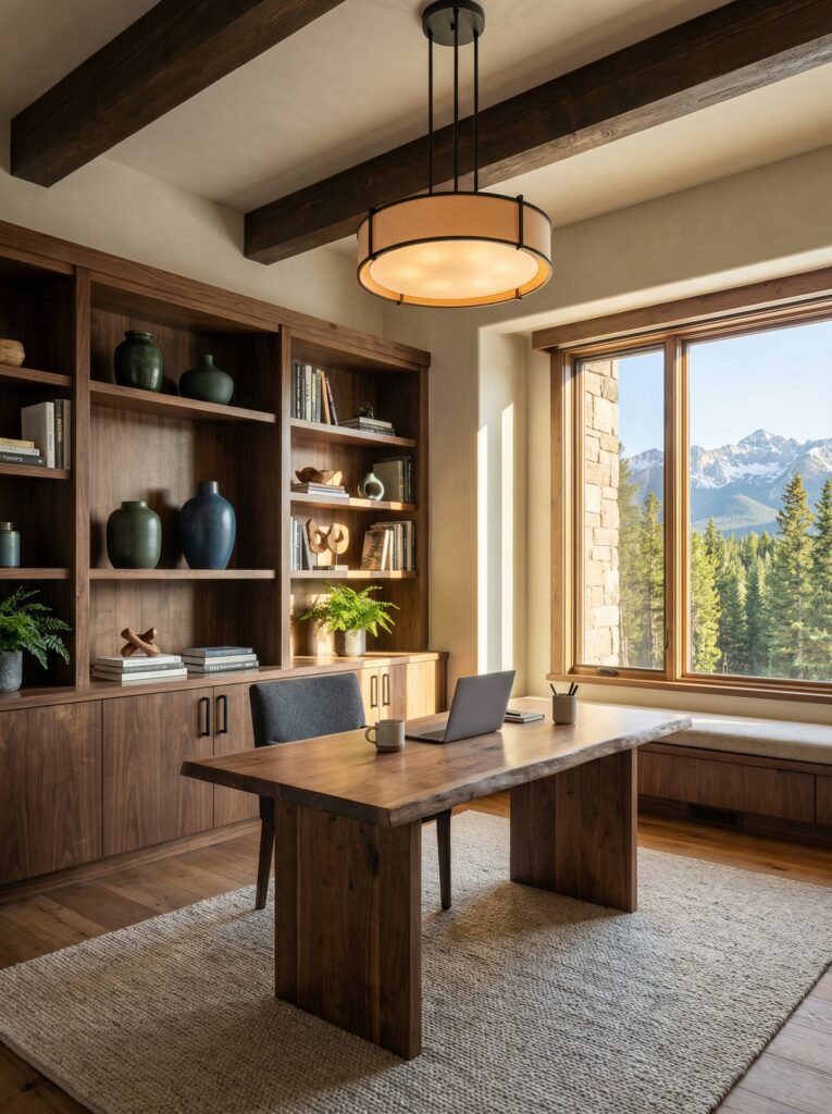 Office with Built-In Shelves Using Native Woods
