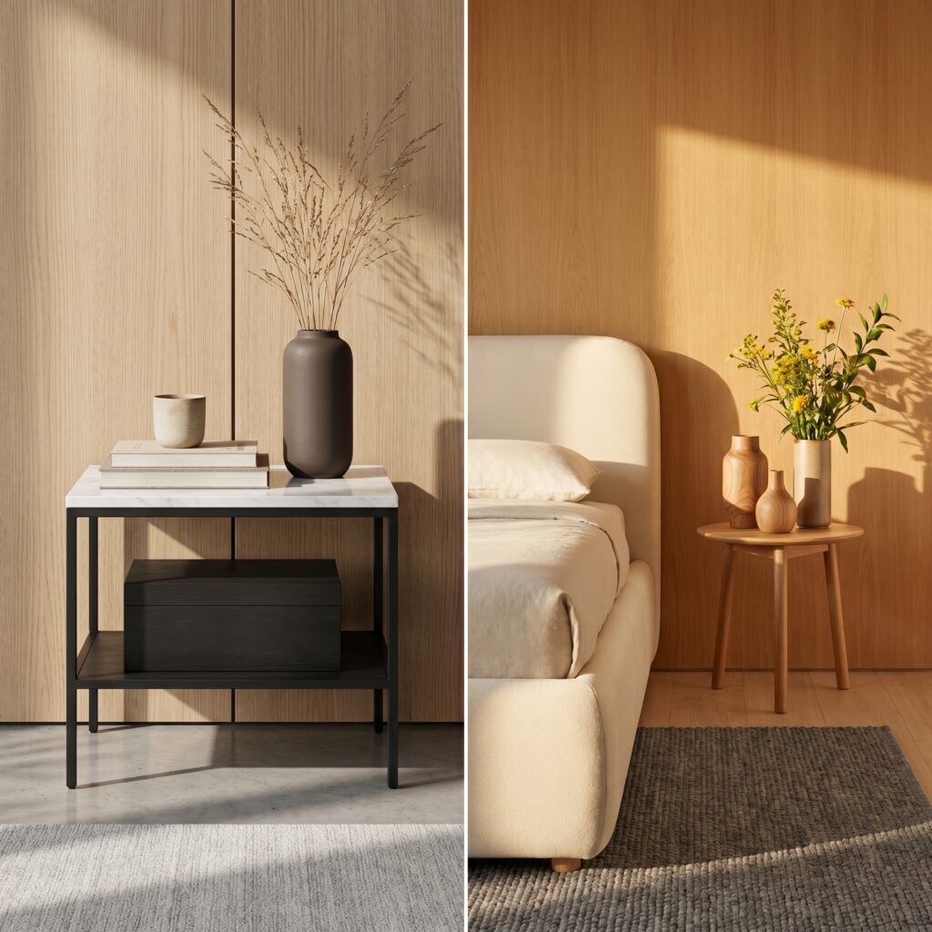 3. Layer Sculptural Furniture Around the Bed