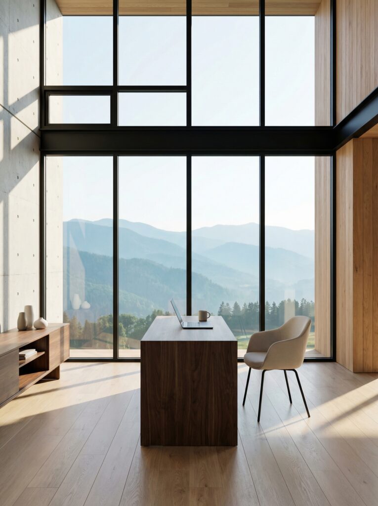 Industrial Mountain Office with Metal Accents