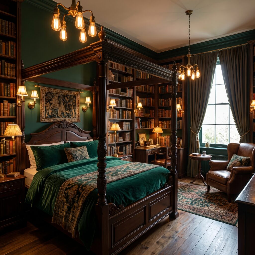 Idea 1: The Moody Green Sanctuary – Forest Green Walls with Vintage Wooden Bed Frame