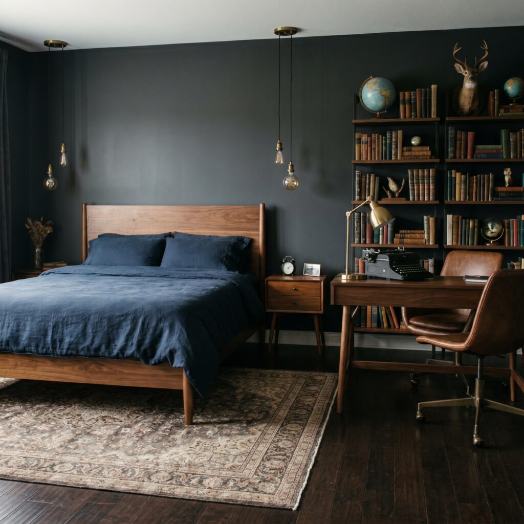 Idea 3: The Charcoal Scholar's Study – Modern Dark Academia Bedroom Design